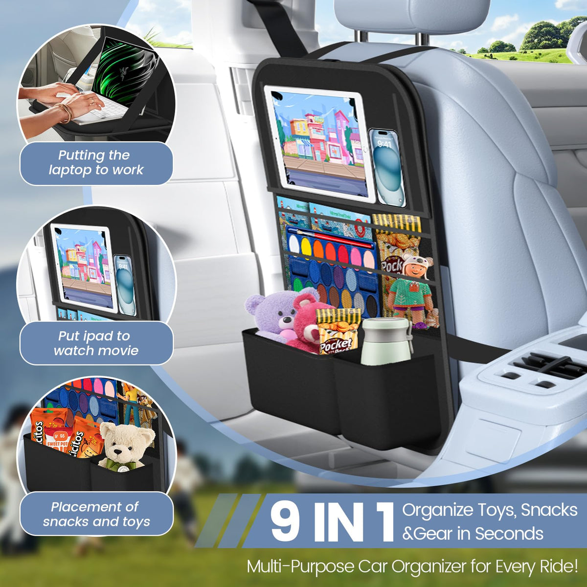 1 Pack Car Backseat Organizer with Tray (Black)