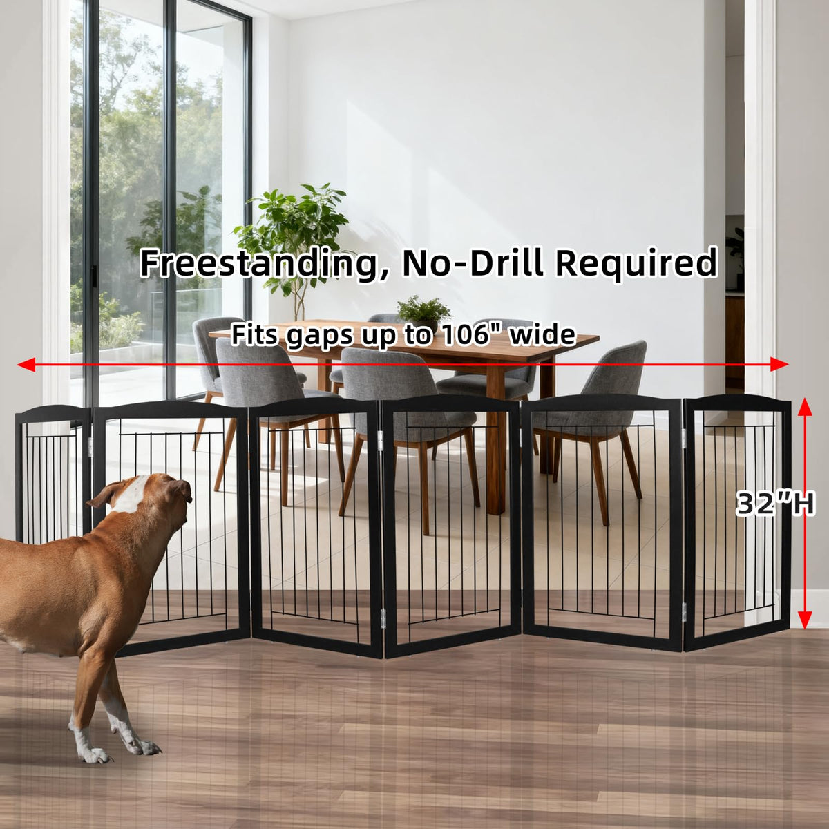 Freestanding Foldable Dog Gate for House Extra Wide Wooden Black Indoor Puppy Gate Stairs Dog Gates Doorways Tall Pet Gate 6 Panels Fence (Black / 【6 Panels】120''w x 32''h)