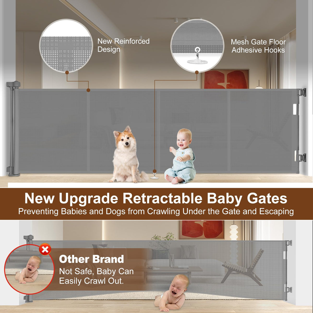 200 inch Reinforced Retractable Baby Gates 42 inch Tall (Gray / 42" Tall x 200" Wide)