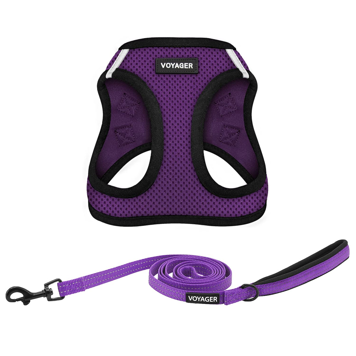 Voyager Step in Air All Weather Mesh Harness and Reflective Dog 5ft Leash Combo with Neoprene Handle (Purple/Black Trim / M (Chest: 16 - 18"))