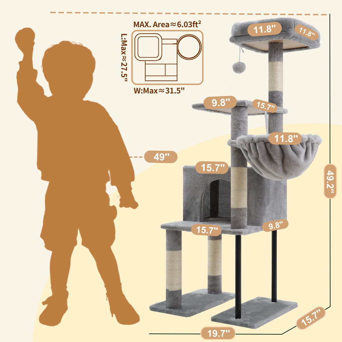 Cat Tree with Toy (Light Gray / 49.2 inch)