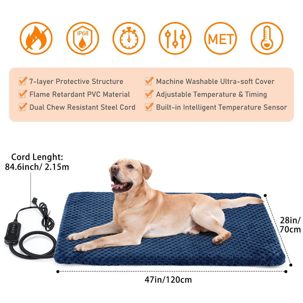 Extra Large Pet Heating Pad (XL: 47" x 28" / Navy Blue)