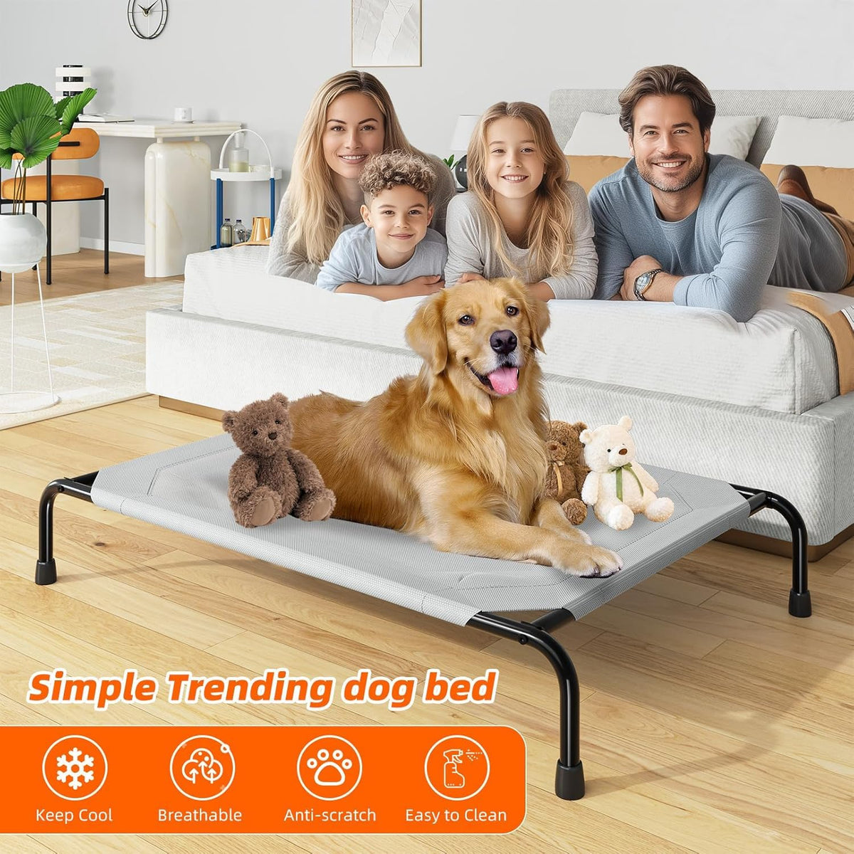 Raised Dog Bed for Large Dogs (Grey / 47.75"L x 30.5"W x 8"Th)