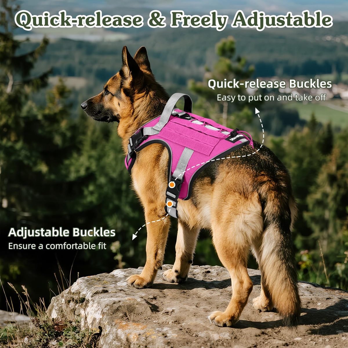 Heavy Duty Tactical Dog Harness for Large Dogs (Pink / XL (Chest: 26-43.3", Neck: 17.3-30.7"))