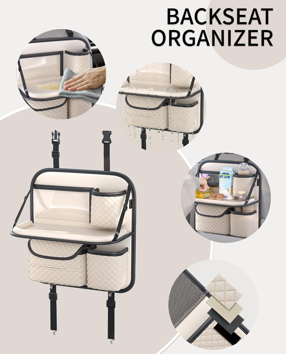 PU Leather Backseat Car Organizer with Tray (Beige)