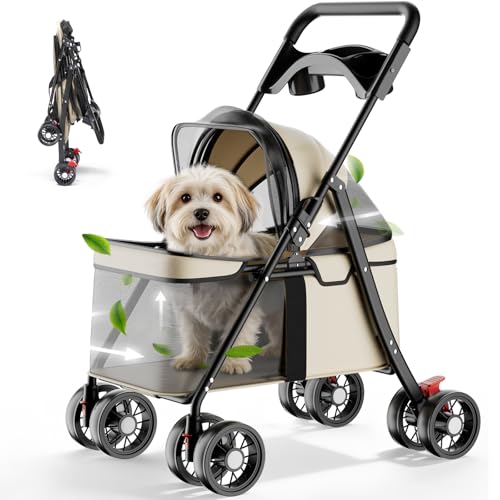 Foldable Pet Stroller for Small Dogs and Cats (Cream)