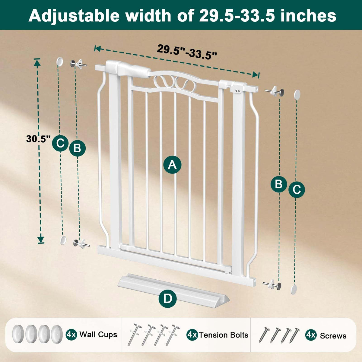 29.5" 33.8" Extra Wide Baby Gate Auto Close Dog Gate for Doorway (White / 29.5"-33.5")