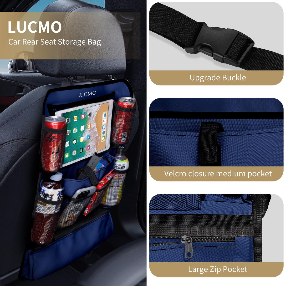 Car Backseat Organizer with Touch Screen Tablet Holder (Dark Blue-1 / 2 Pack)