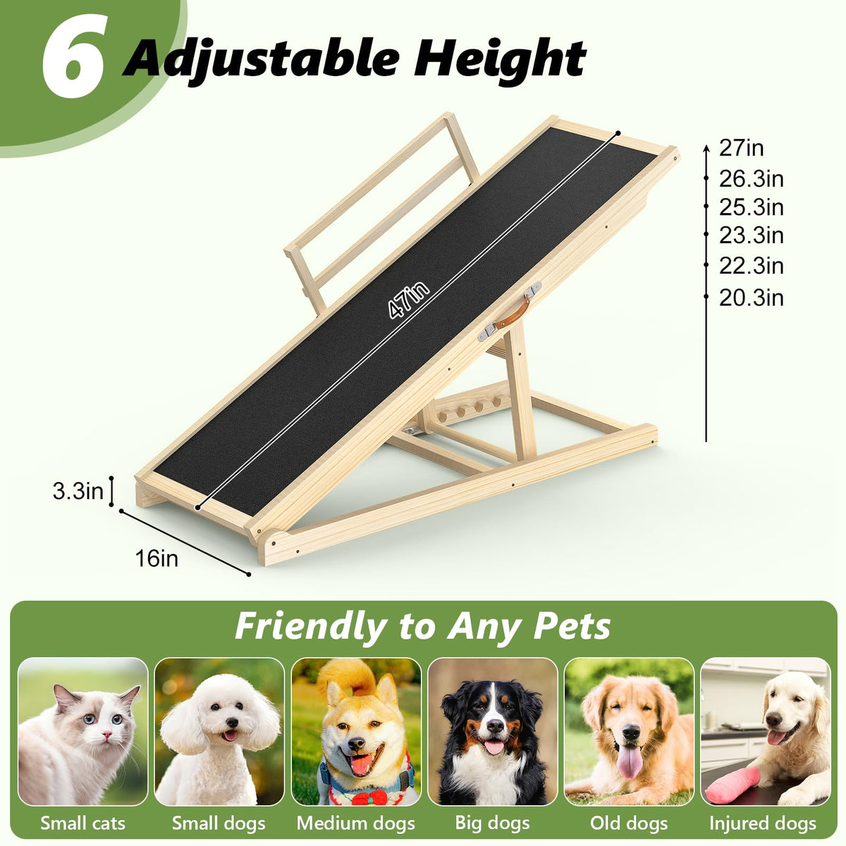 Dog Ramp for Bed (47“L*16”W*20.3"~27"H)