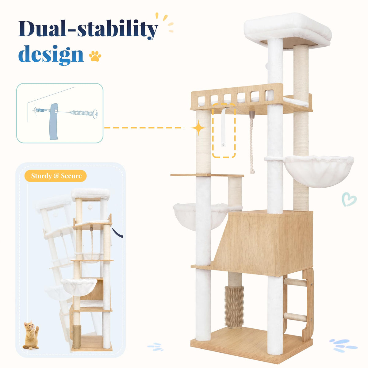 Wooden Cat Tree Tower with Large Condos (White Oak)