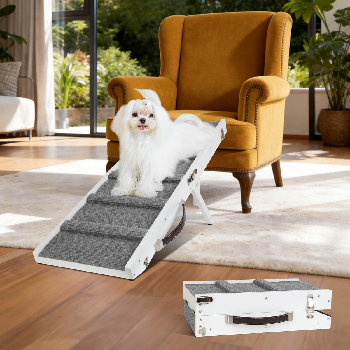 Dog Ramp for Small Dogs Foldable Pet Ramp for Couch Sofa (White / Up to 30 lbs)