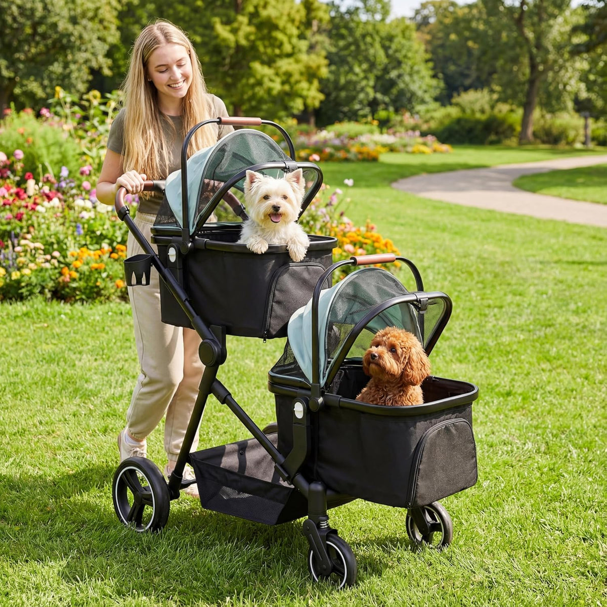 Foldable Double Pet Stroller for 2 Small Medium Cats Dogs (Light Blue / Double)