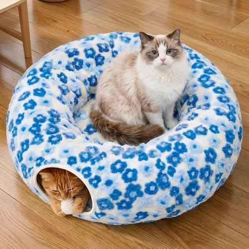 Indoor Cat Tunnel with Donut Bed (Blue Blossom)