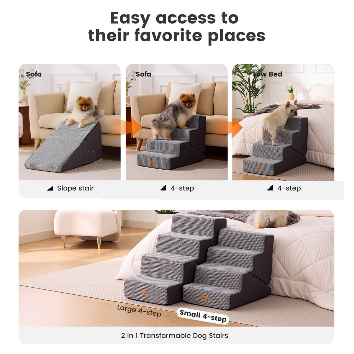 Dog Stairs for Small Dogs 18.5" H (Grey 2in1 / 15.55"x24"x18.5"Deformable)
