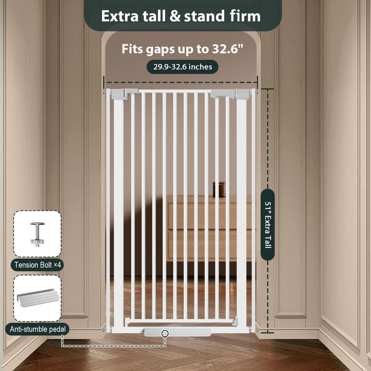 51'' Extra Tall Cat Gate for Doorways 30 (White-51"tall / 30''-40.9'' Wide)