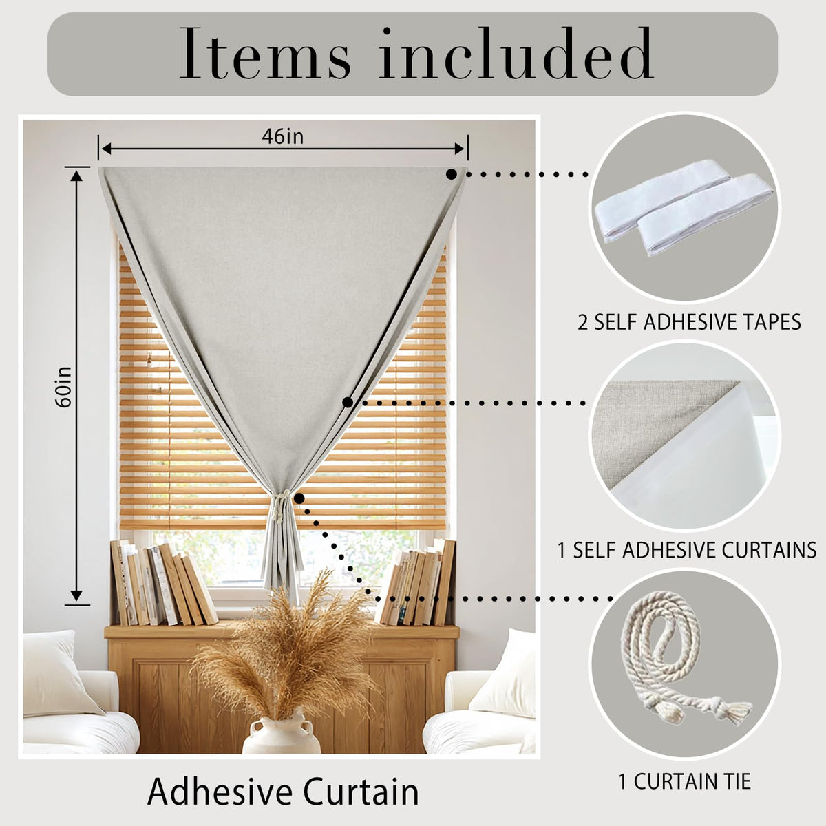 100% Blackout Self Adhesive Curtains (45"W x 60"L (Pack of 1) / Light Beige)