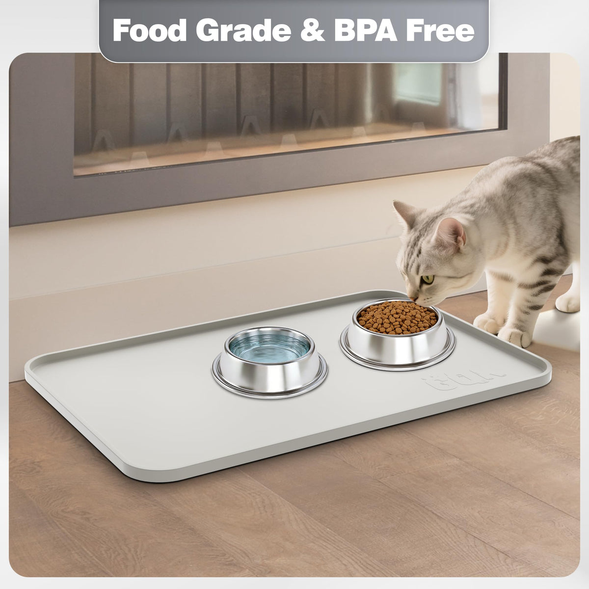 Silicone Dog Cat Food Mat Extra Thick Raised Edge (Sand White / 18"L x 12"W)