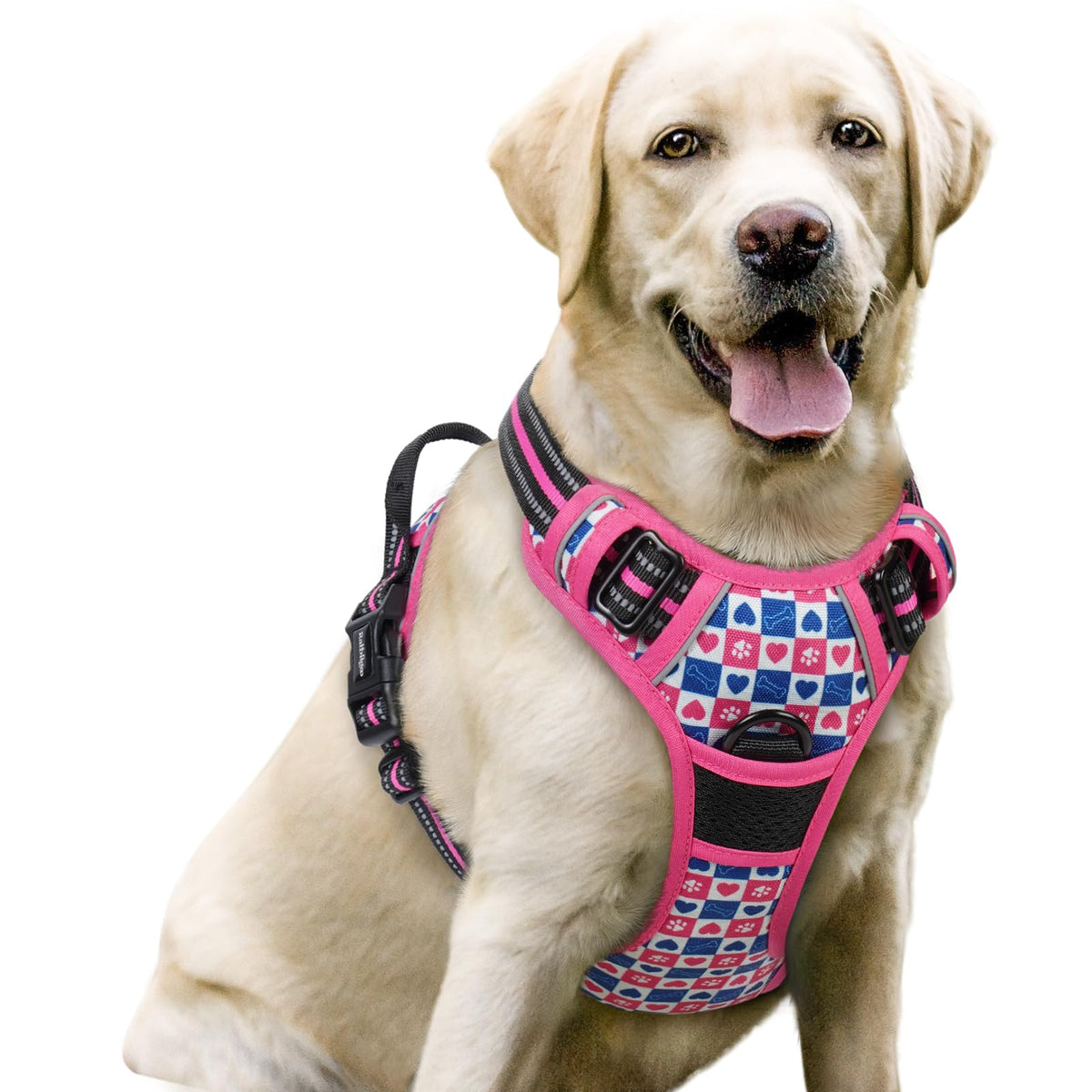 Dog Harness No Pull for Large Dogs with 2 Leash Clips (Large / Hot Pink Grid)