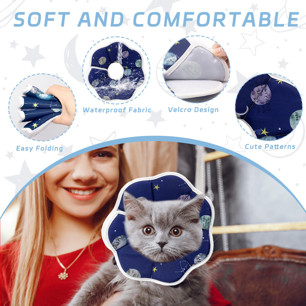 Soft Adjustable Cat Cone Collar (Blue / Medium)