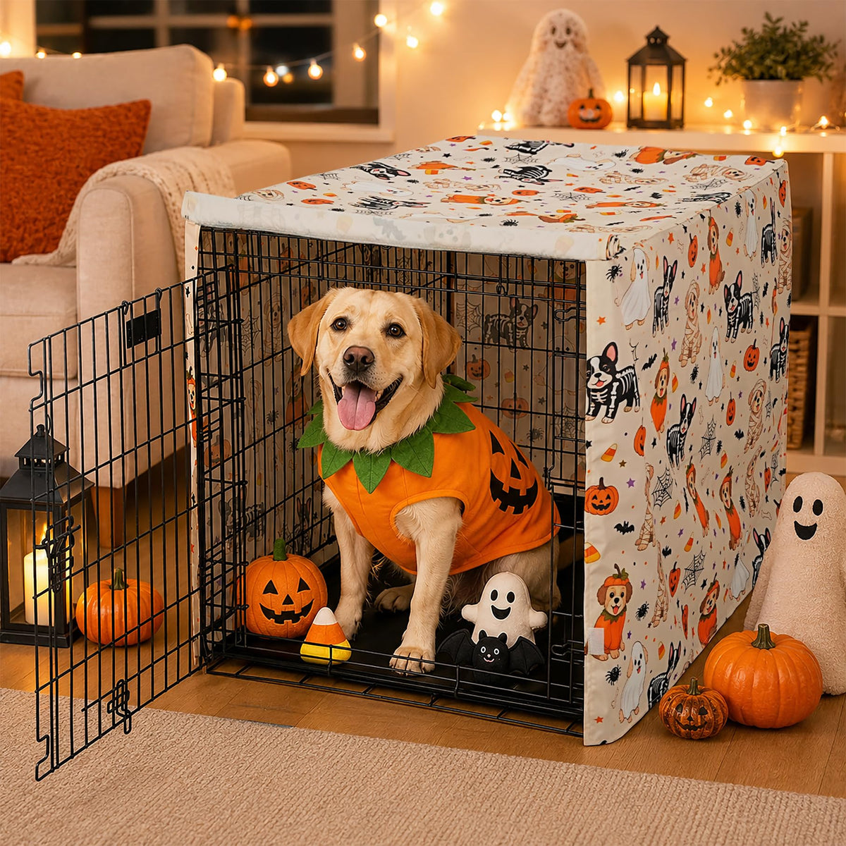 Halloween Pattern Dog Crate Cover (Orange Pup Print / 36.0"L x 23.0"W x 25.0"H)