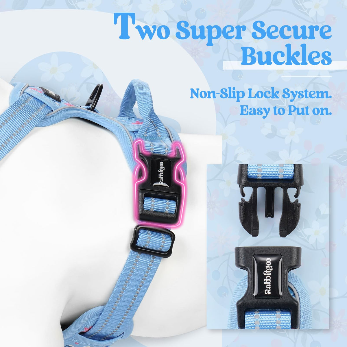 Dog Harness No Pull for Large Dogs with 2 Leash Clips (X-Large / Blue Floral)