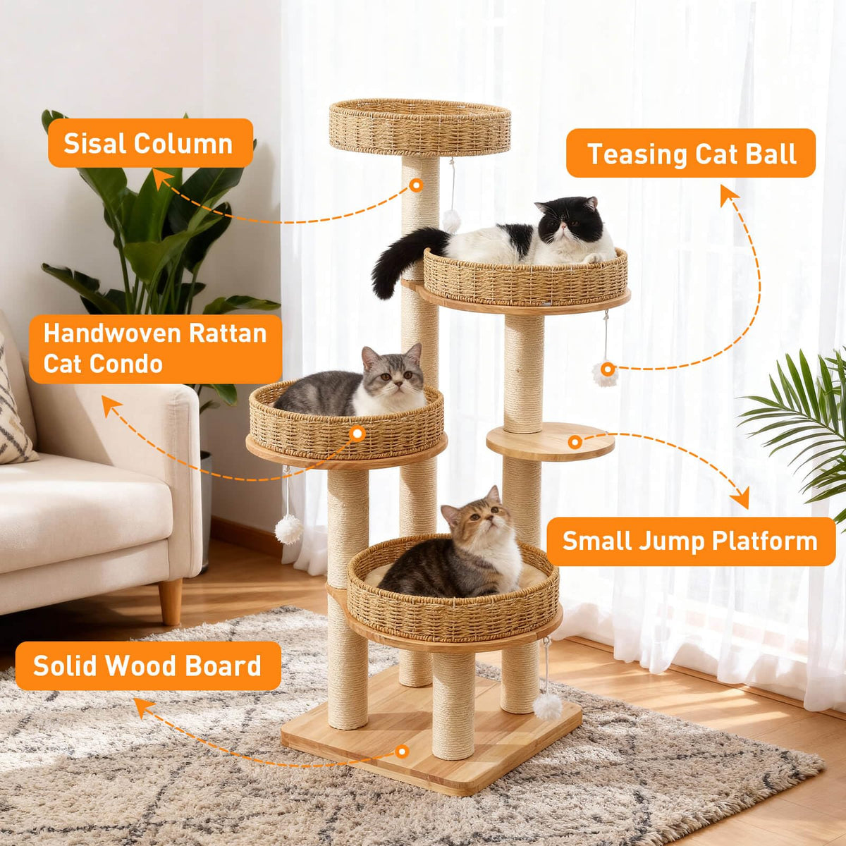 54in Solid Wood Cat Tree for Indoor Cats