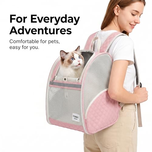Cat Backpack Carrier for Small Dogs and Medium cat Puppy Kitten Bunny Pet Carrier Backpack Collapsible with Fully Ventilated Mesh with Safety Leash (Pink / 12.9"L x 10.62"W x 15.5"H)