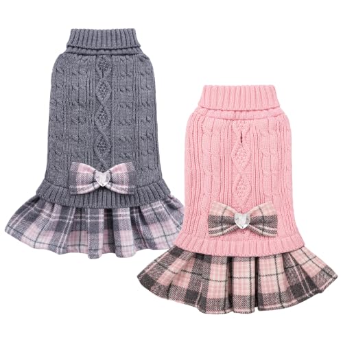 2 Pack Small Dog Sweater Dress with Bowtie Turtleneck (Medium (8-14lbs) / Grey+Pink)