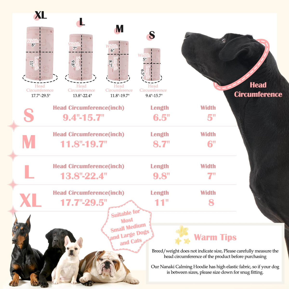 Soft Quiet Ears for Dogs Hearing Protection Noise Cancelling (L(Head Girth:13.8in-22.4in) / Pink)