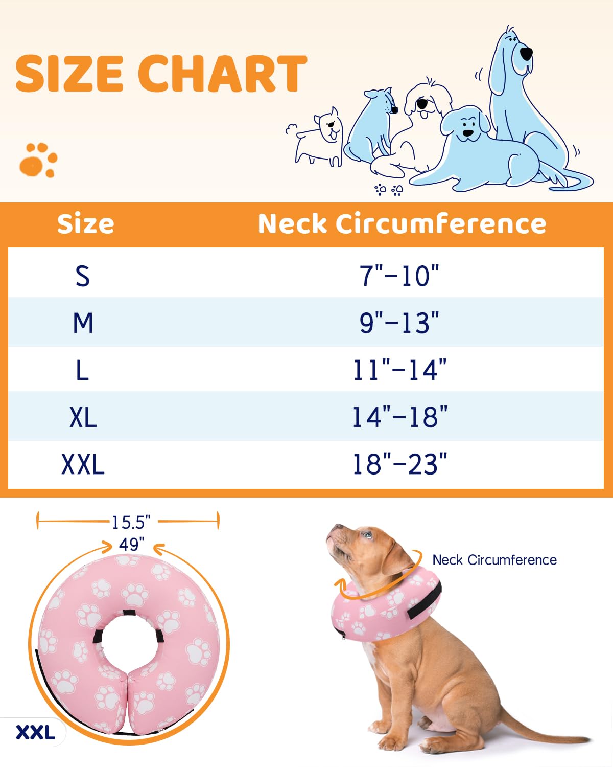 Inflatable Dog Cone Collar Alternative After Surgery (T Paw Pink / XXL(Neck 18.5"-23.5"))