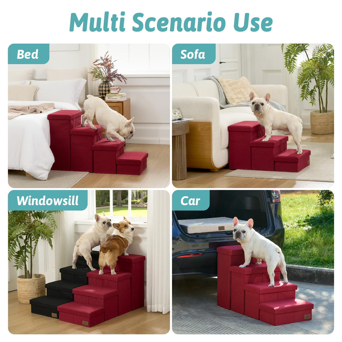 Dog Stairs with Storage (Burgundy / 38.1"L x 17"W x 22"H)