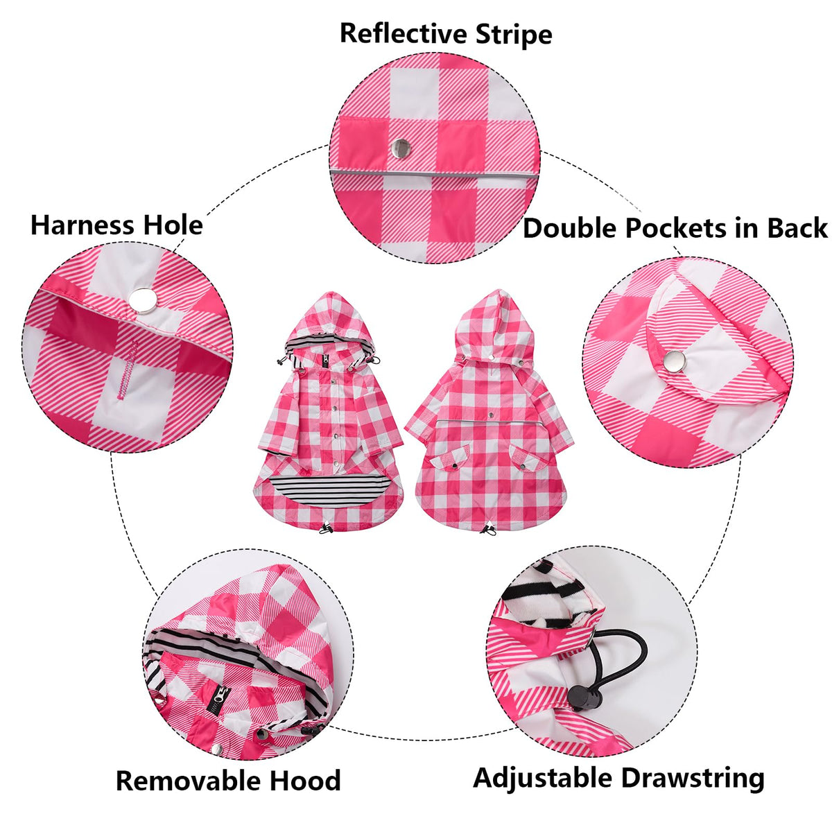 Dog rain Coat Waterproof Raincoat Puppy Jacket with Legs Buttons Zipper Hood Drawstring Fit for Yorkie Terrier Schnauzer Poodle Border Collie Labrador Golden Retriever 8lbs to 80lbs Pink XL (X-Large / Pink Plaid)
