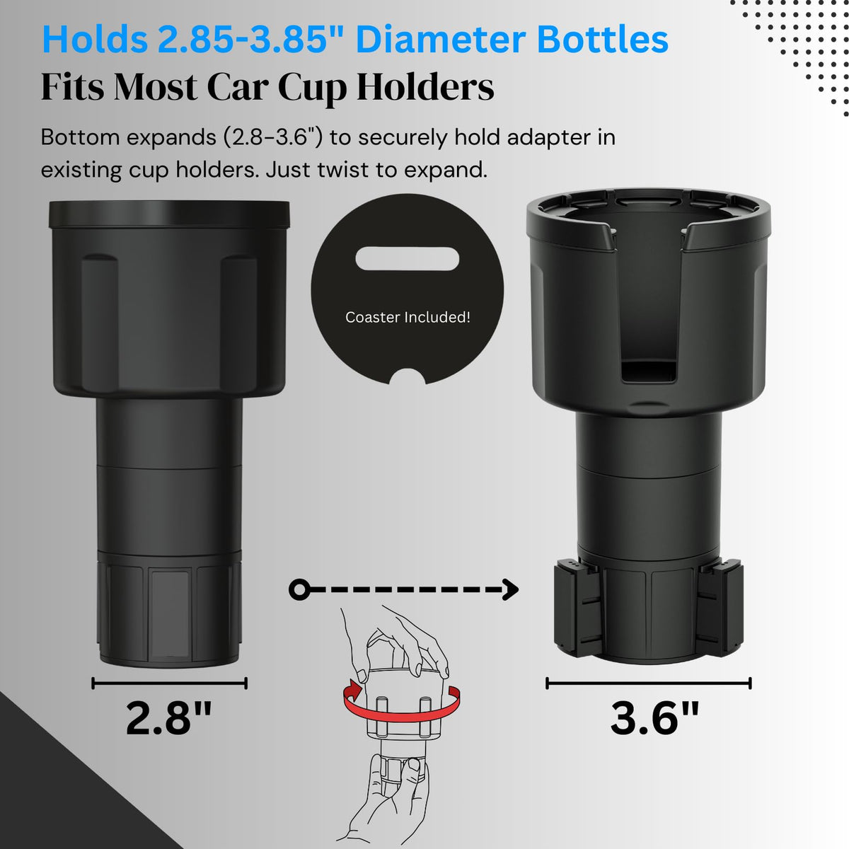 Car Cup Holder Expander (Holds 18-40 oz (Long Base) / Black)