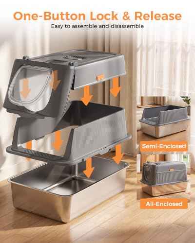 XL Stainless Steel Cat Litter Box with Lid (Gray / 24" L × 16" W × 16" H)
