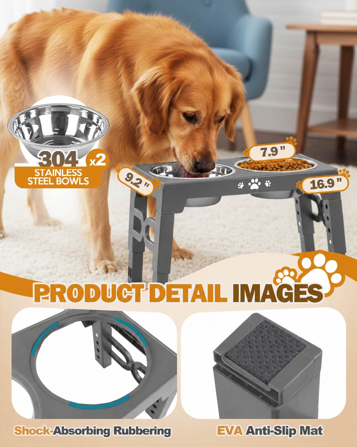 Elevated Dog Bowls for Medium Large Size Dogs (Grey / Medium Large)