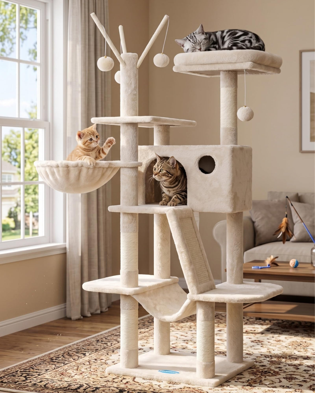 Cat Tree Tower with Padded Platform Bed (53 Inch / Beige)