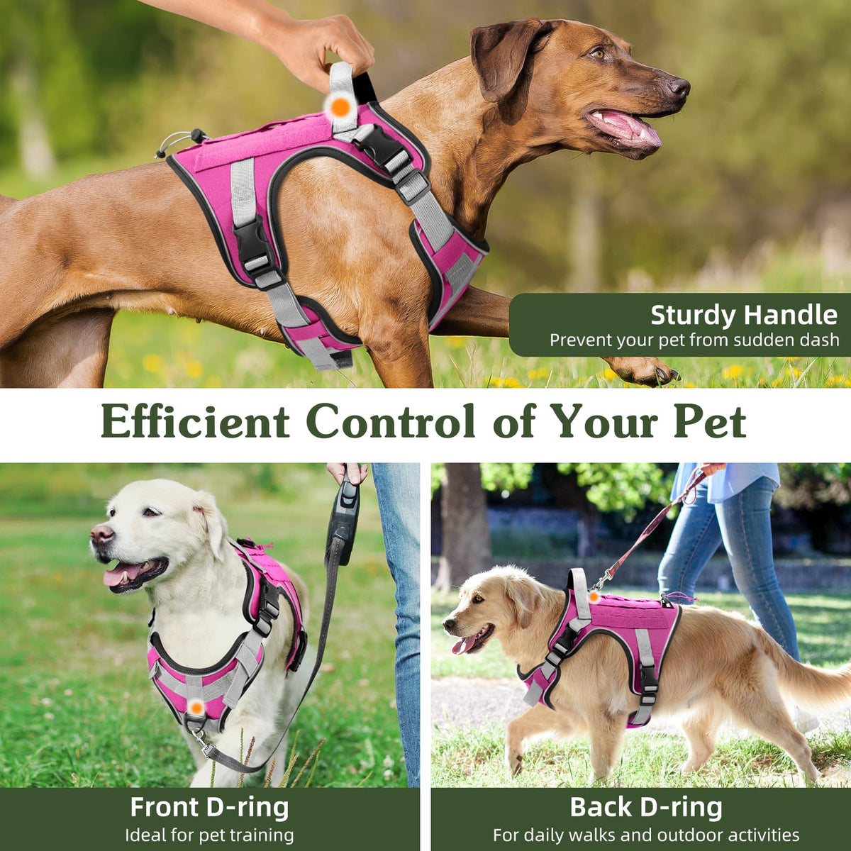 Heavy Duty Tactical Dog Harness for Large Dogs (Pink / XL (Chest: 26-43.3", Neck: 17.3-30.7"))