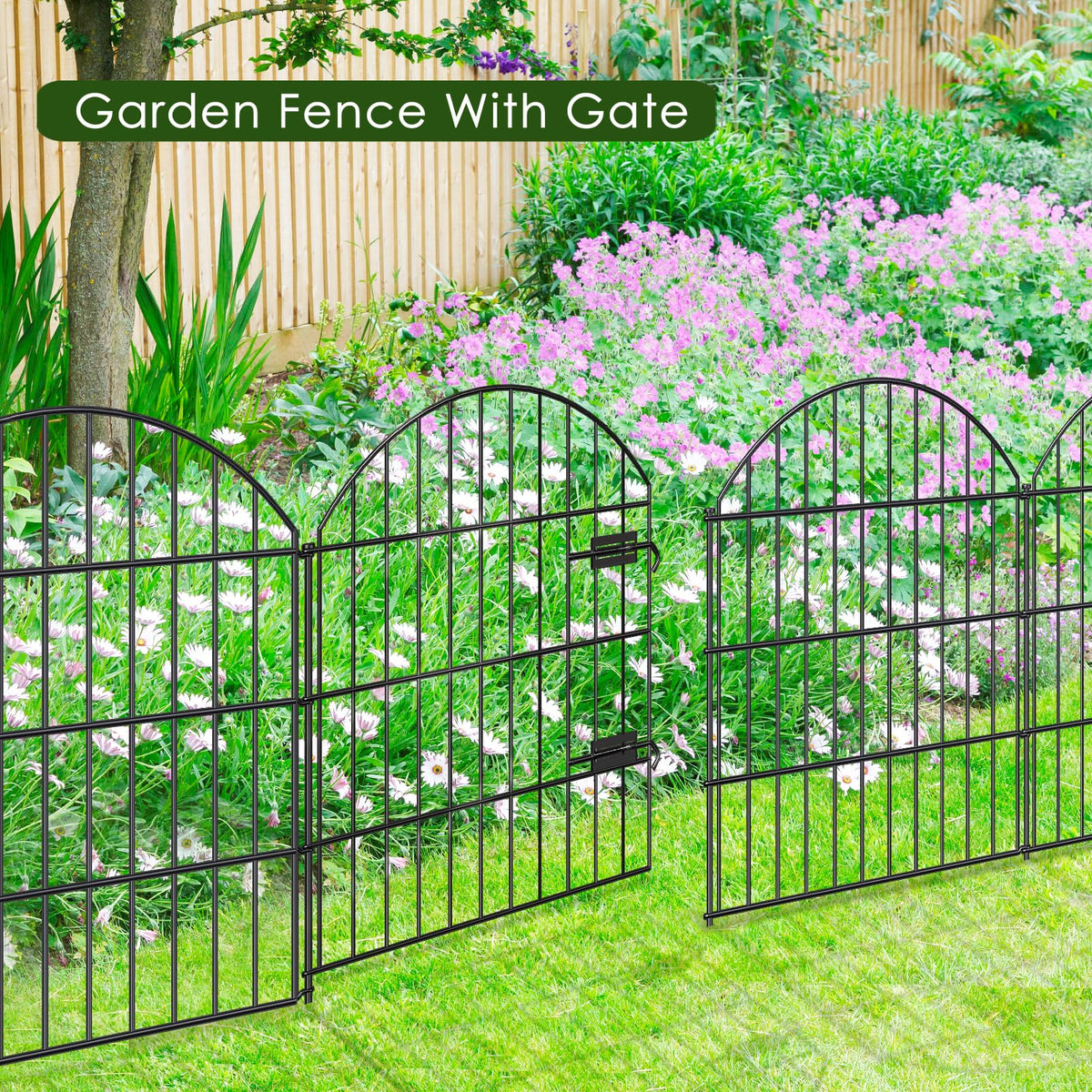 Metal Garden Fence with Gate 28 in x 37.3 ft (28"Hx37.3ft (Gate+15Panels))