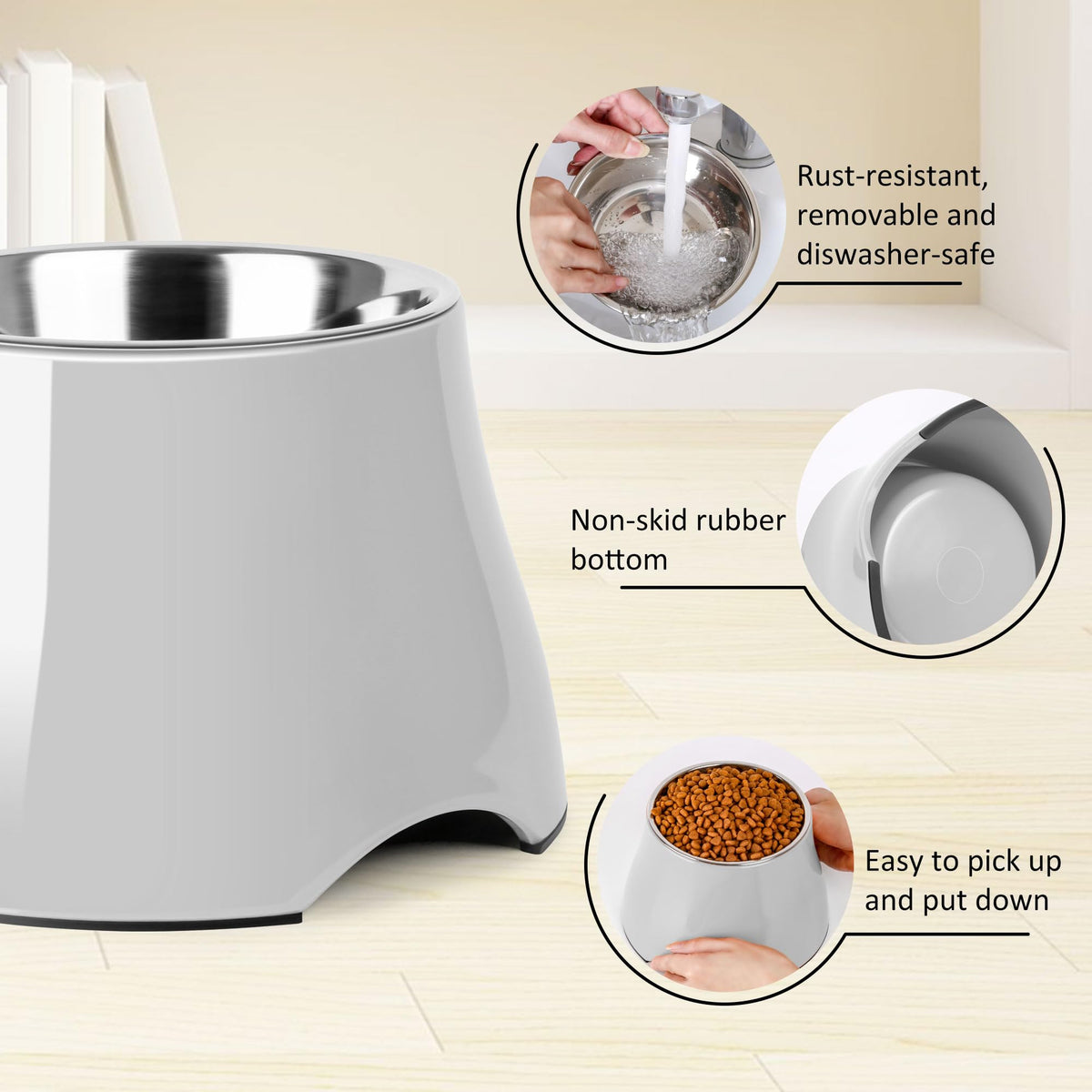 Dog Bowls Cone Friendly Non Slip Single Dog Bowl with Stainless Steel Inner (Large(3 Cups) / Gray)