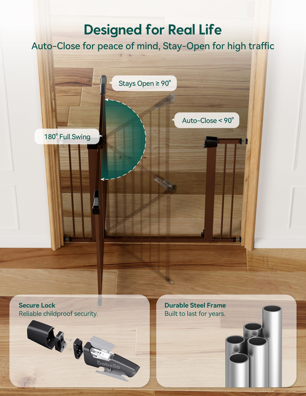 29 48 in Baby Gate for Stairs No Drilling (Brown / 30"Tall 29"-48" Wide)