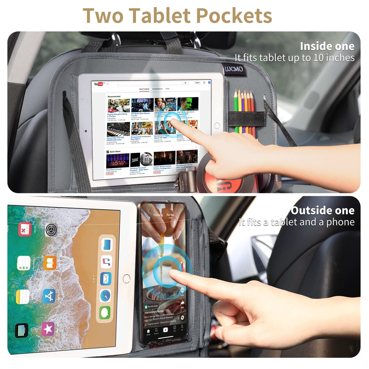 Car Backseat Organizer with Foldable Tablet Holder (Grey-2 / 1 Pack with Food Tray)