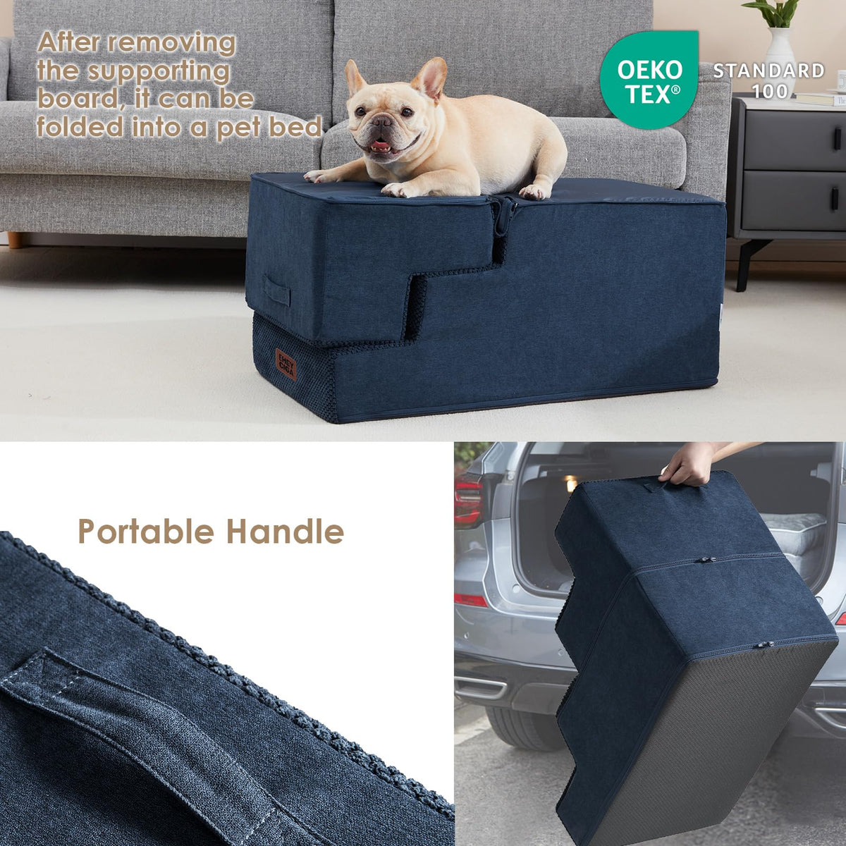Dog Stairs for High Bed 25" H (Navy / Extra Wide 17.7" x 35" x 25")