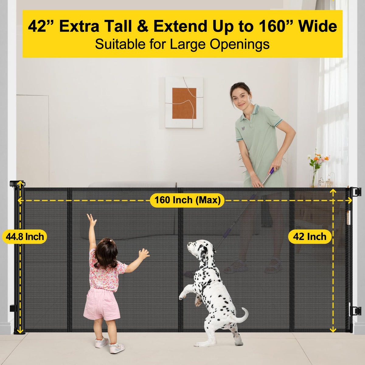 Reinforced 42” Tall x 160” Extra Wide Retractable Baby Gates with Rods (Black / Reinforced 42" Tall X 160" Wide)