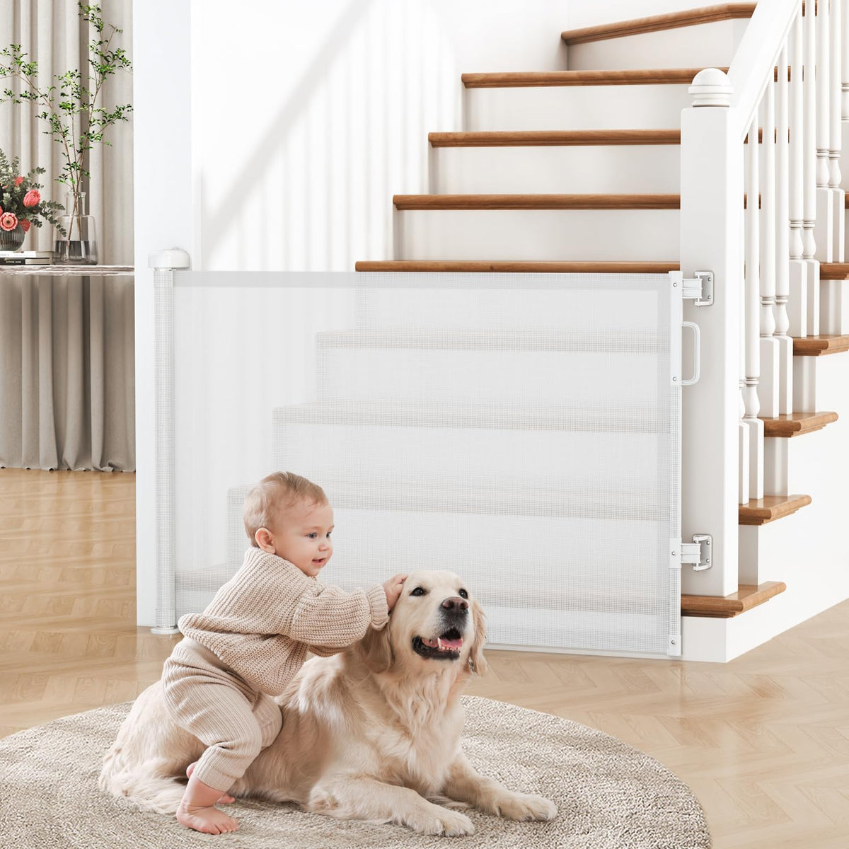 Retractable Baby Gate for Stairs & Doorways (White / 34" Tall x 55" Wide)