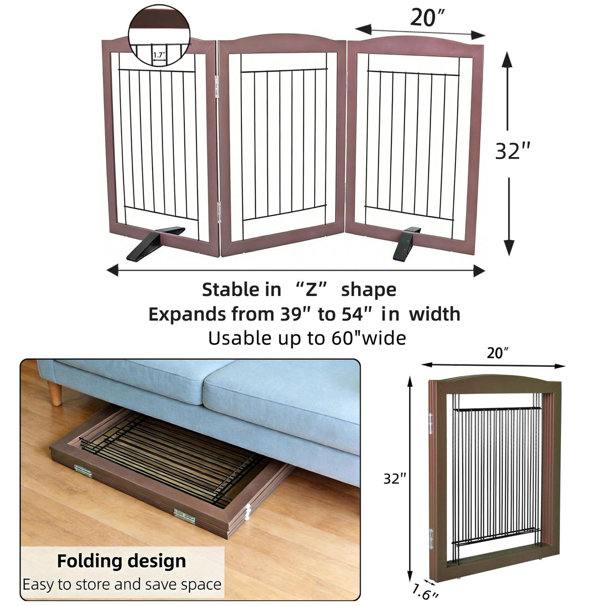 Freestanding Dog Fence Indoor (Brown / 【3 Panels】60''w x 32''h)