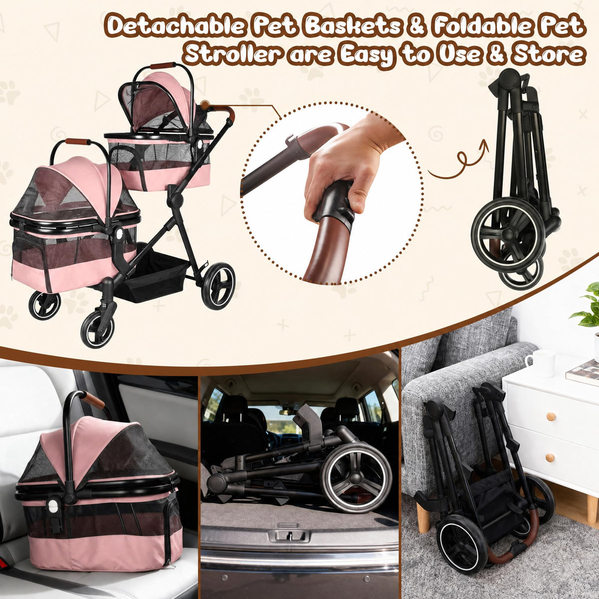 Foldable Double Pet Stroller for 2 Small Medium Cats Dogs (Pink / Double)