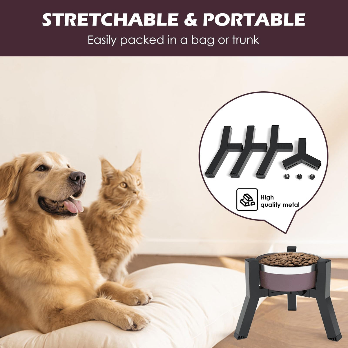 Elevated Dog Bowls Adjustable Width Stand for 5.2 (Black-7.8H- Square / Height: 7.8", Width: 5.9-8.7")