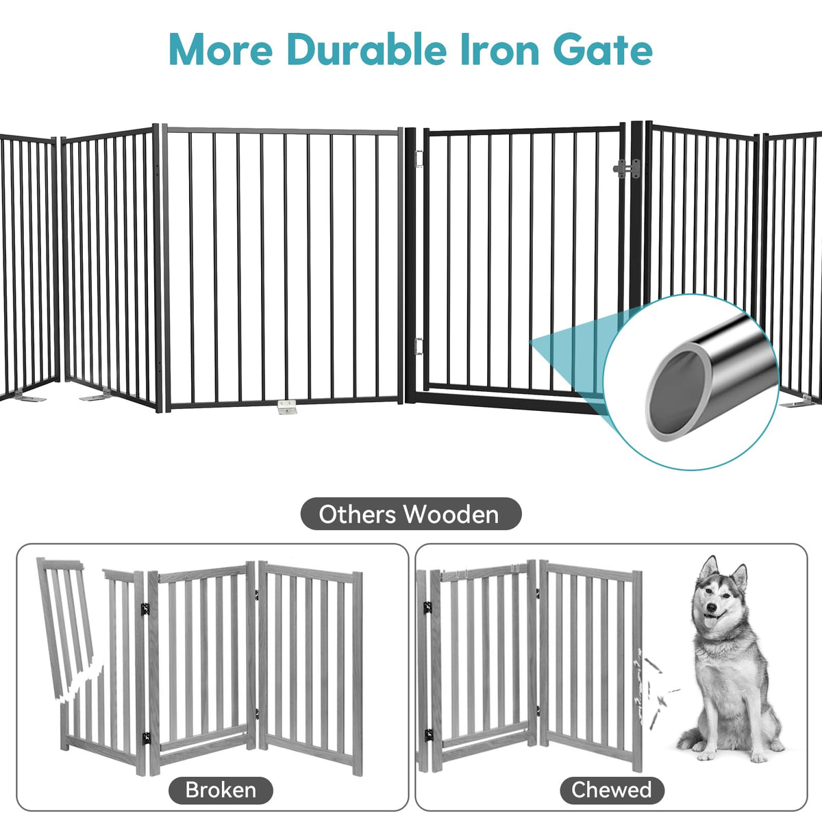 Freestanding Dog Gate with Door for Indoor & Outdoor (Black / 【6 Panels with Door】156"W×30"H)