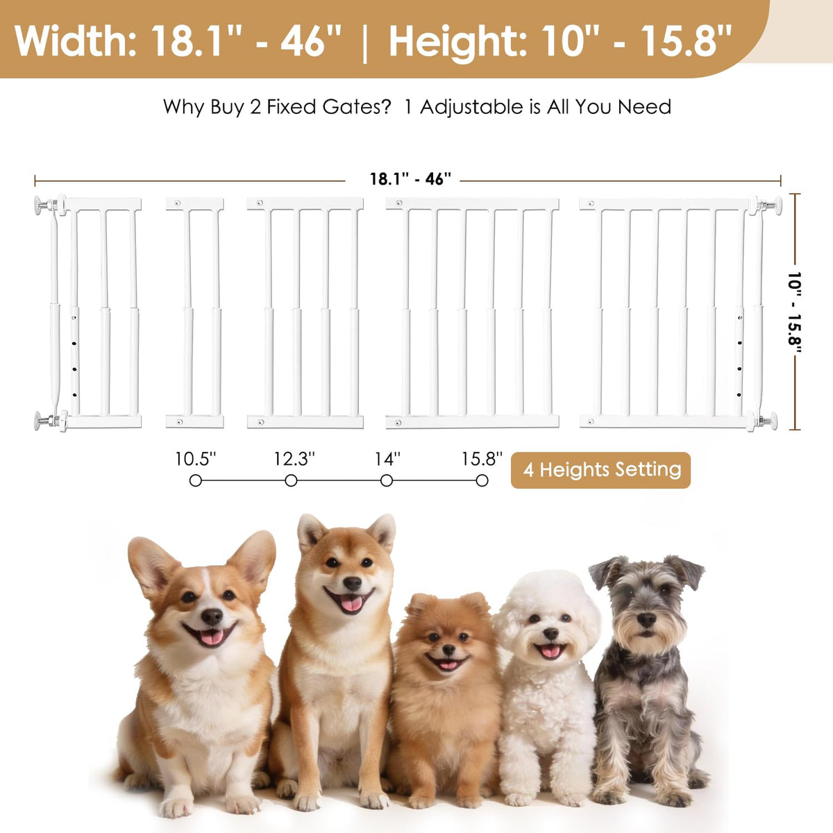 10'' 15.8'' Height Adjustable Dog Gate (White / 10''-15.8''H × 18''-46''W)