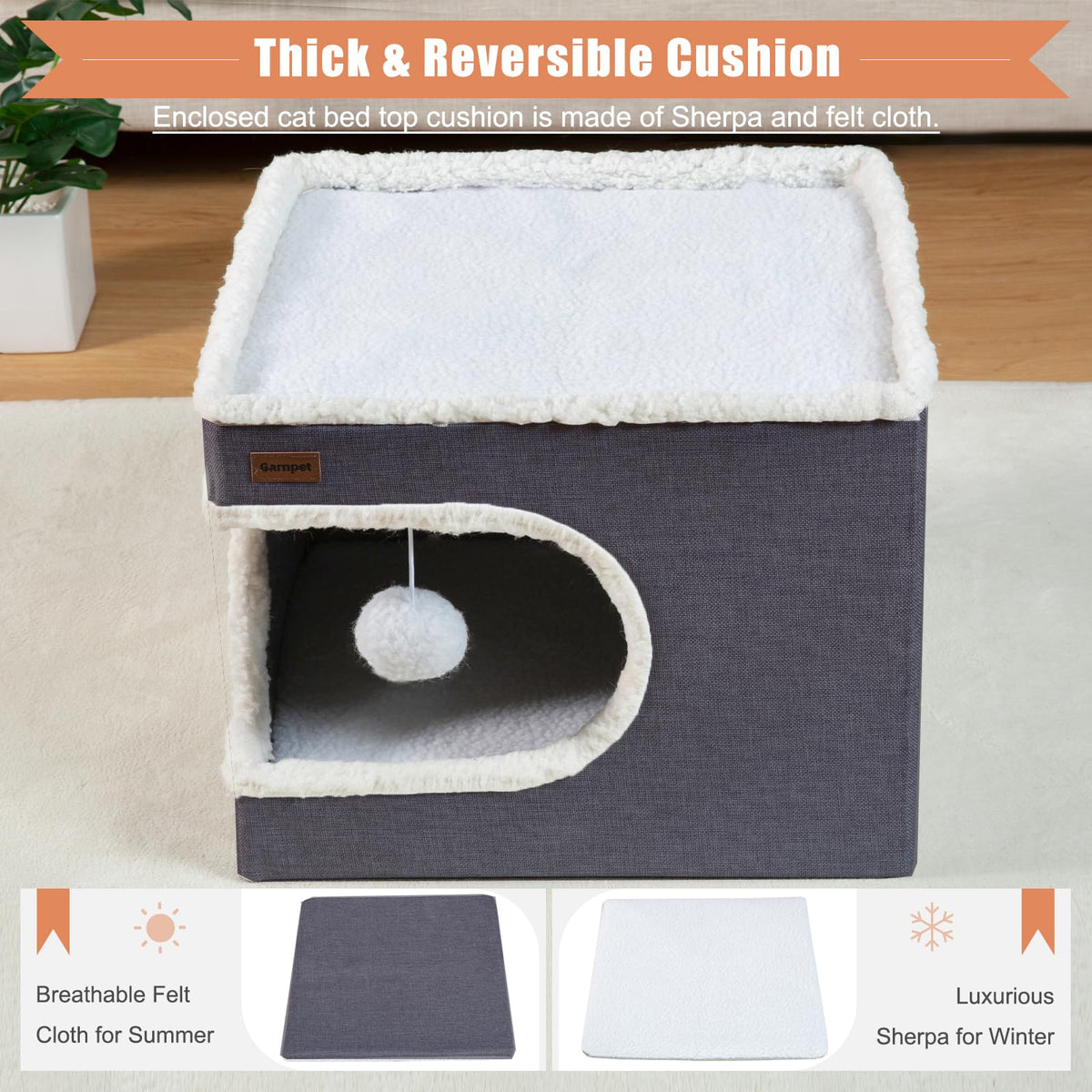 Cat Bed for Indoor Cats Cube House (16.5"D x 16.5"W x 13"H / Dark Grey)